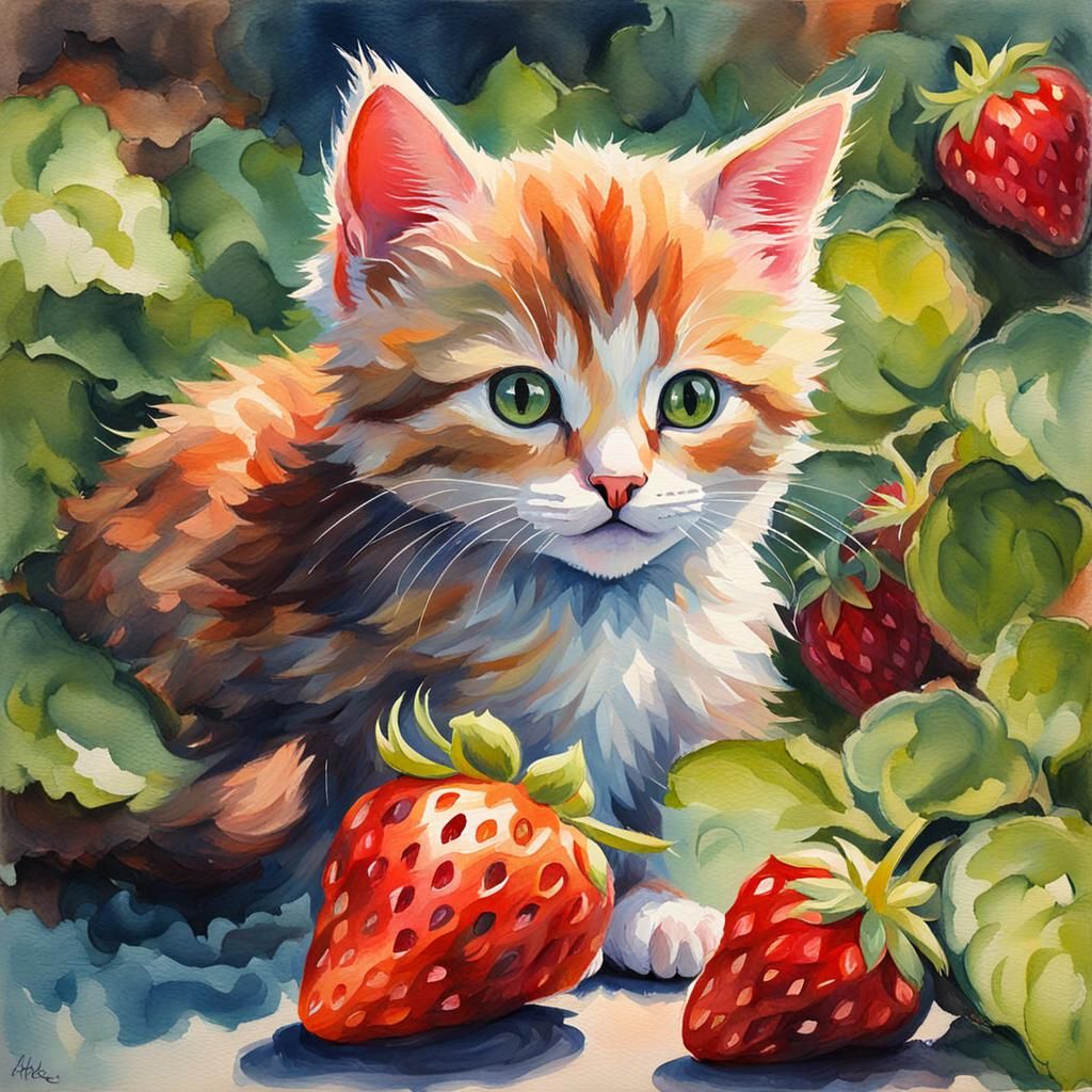 Strawberry Kitten in Gouache Watercolor Style