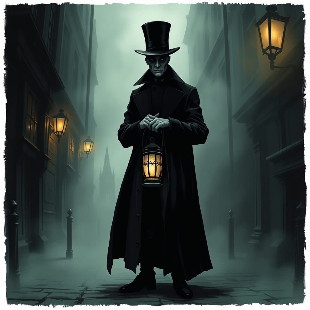 Mysterious Victorian Figure in a Fog-Shrouded Alleyway