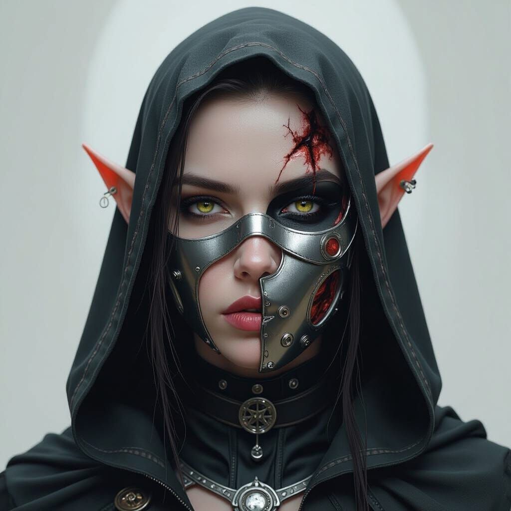 Elf with Burned Face and Steel Mask in Dark Fantasy Style