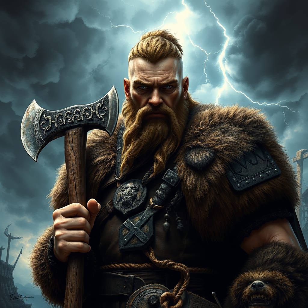Viking Warrior in Stormy Sky, in Impressive Dark Fantasy Art...