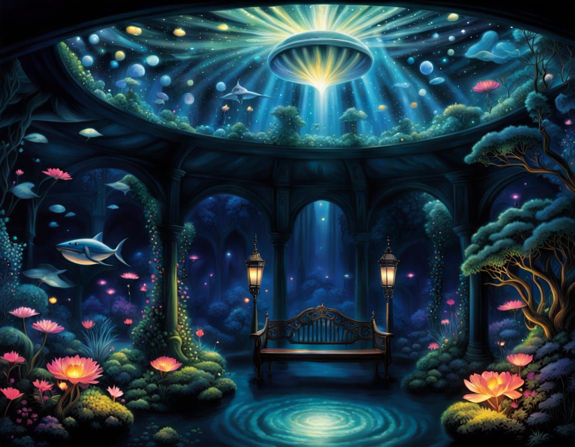 Magical Underwater Pergola in Bioluminescent Fairy Garden