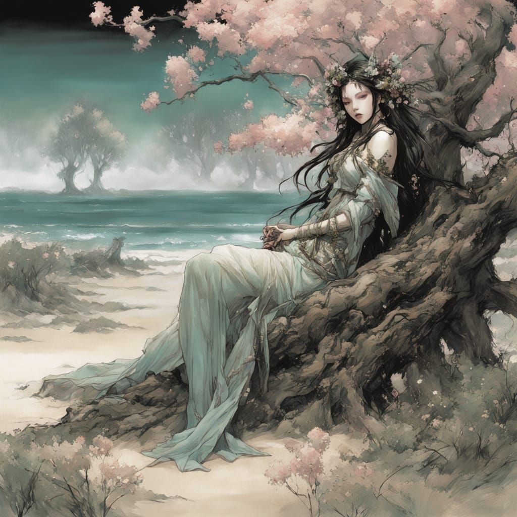 Dryad Tending Coastal Grove in Airbrush Style