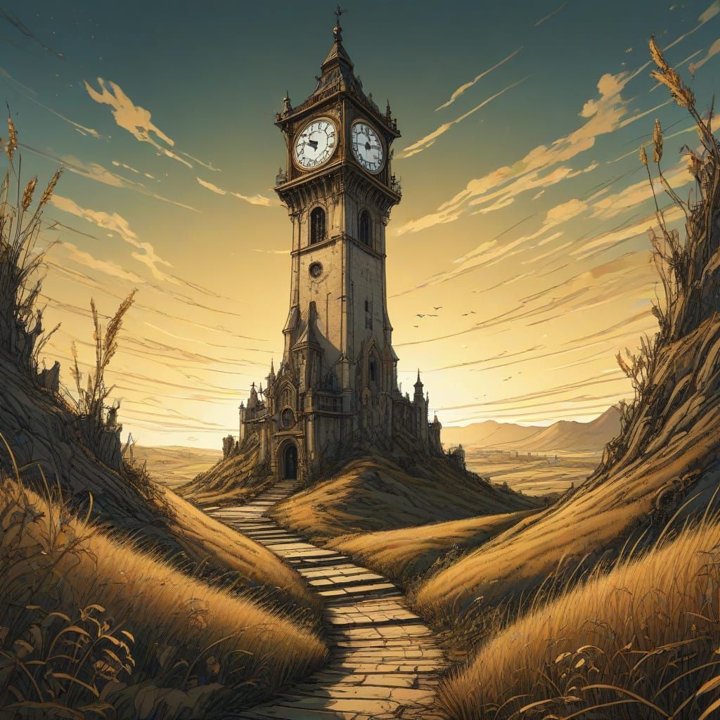 Clock Tower in Twisted Landscape: Arthur Rackham Style