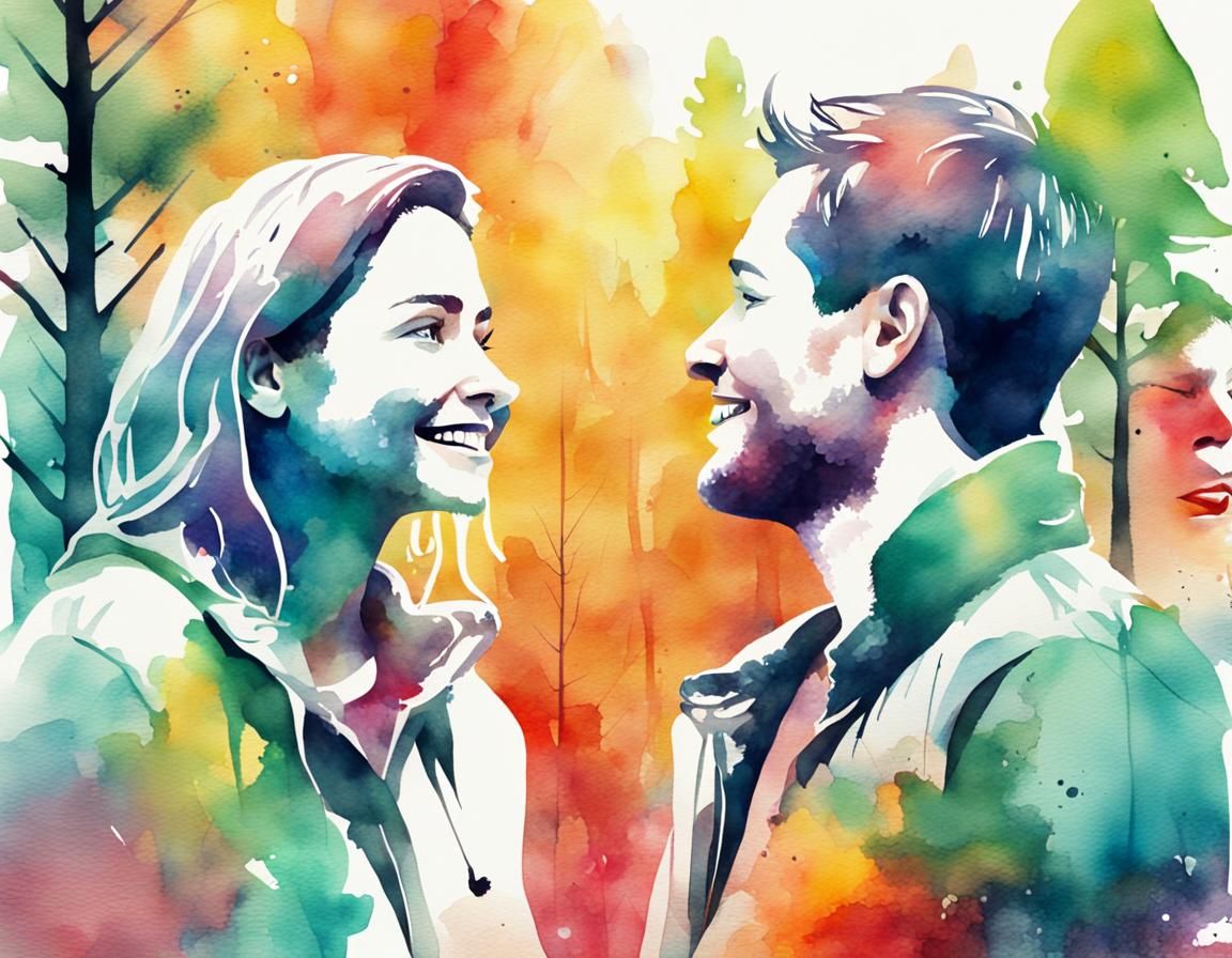 Watercolor Illustration of Two People in Abstract Forest