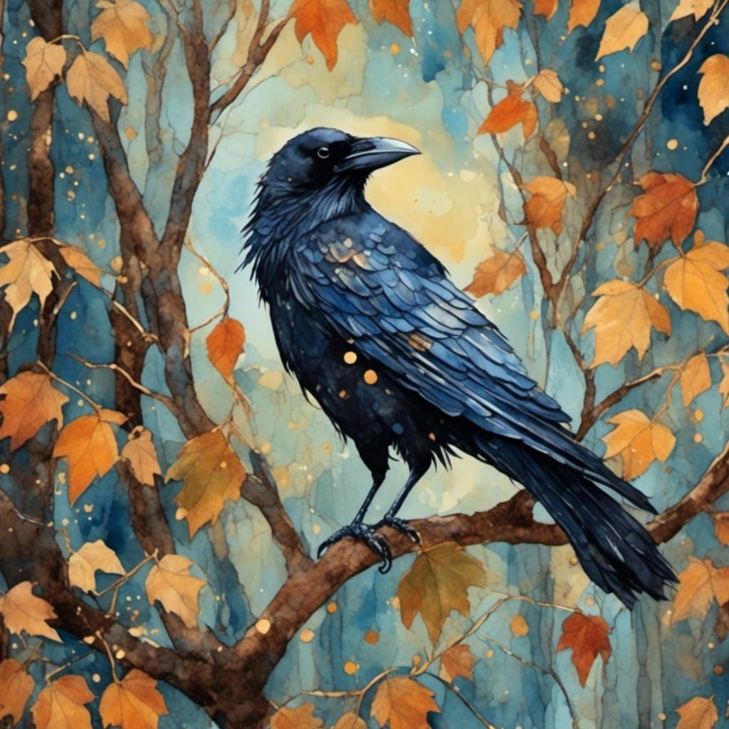 Majestic Crow Collage in Watercolor Gouache