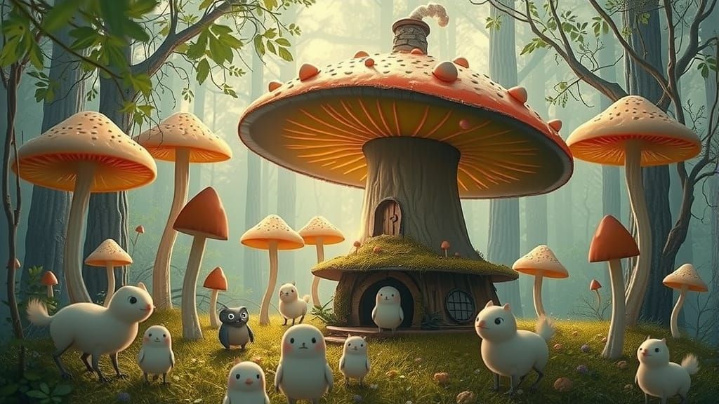 Whimsical Mushroom Circle in a Vibrant Enchanted Forest
