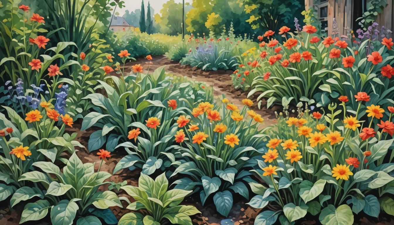 Plants Revitalized by Natural Fertilizer: Gouache Impression...
