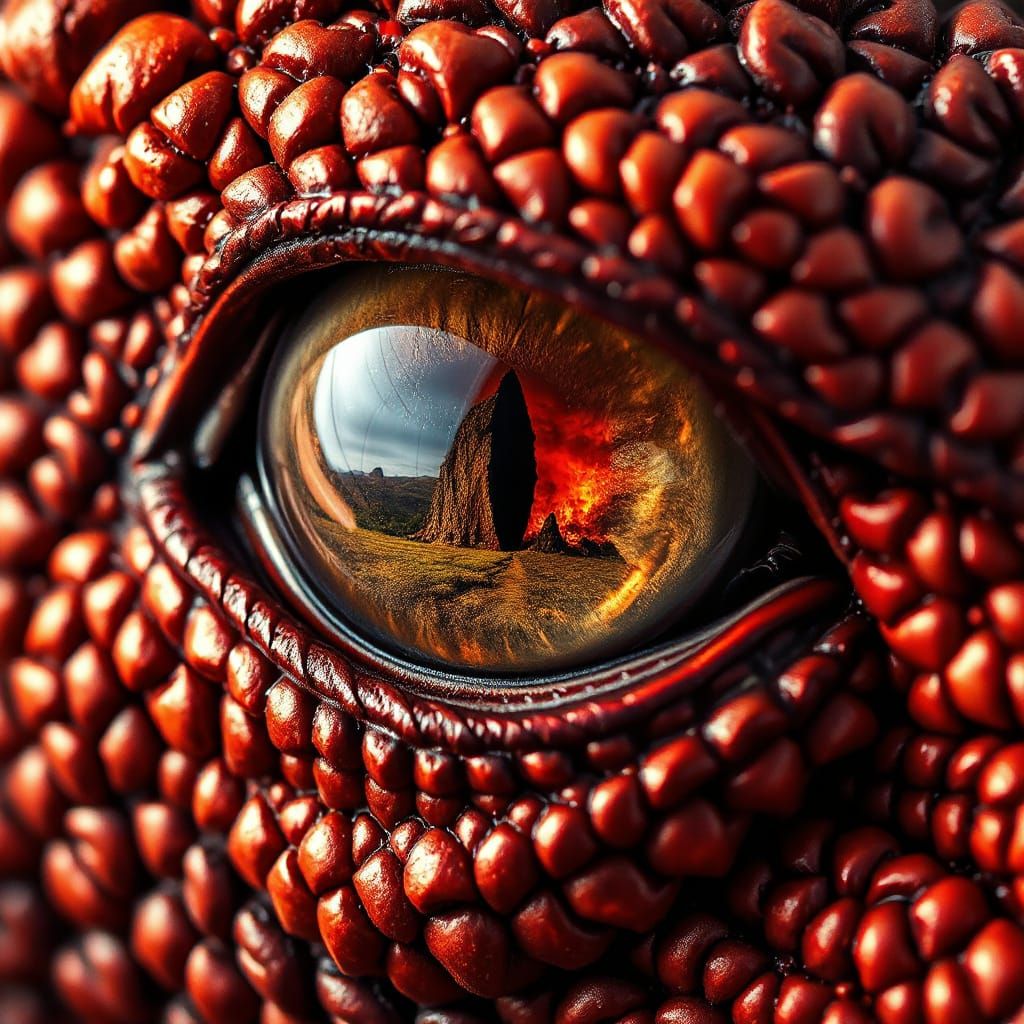 A macro shot of an ultra-realistic, intricately detailed fiery dragon's eye, filling the frame with intricate detail, ca...