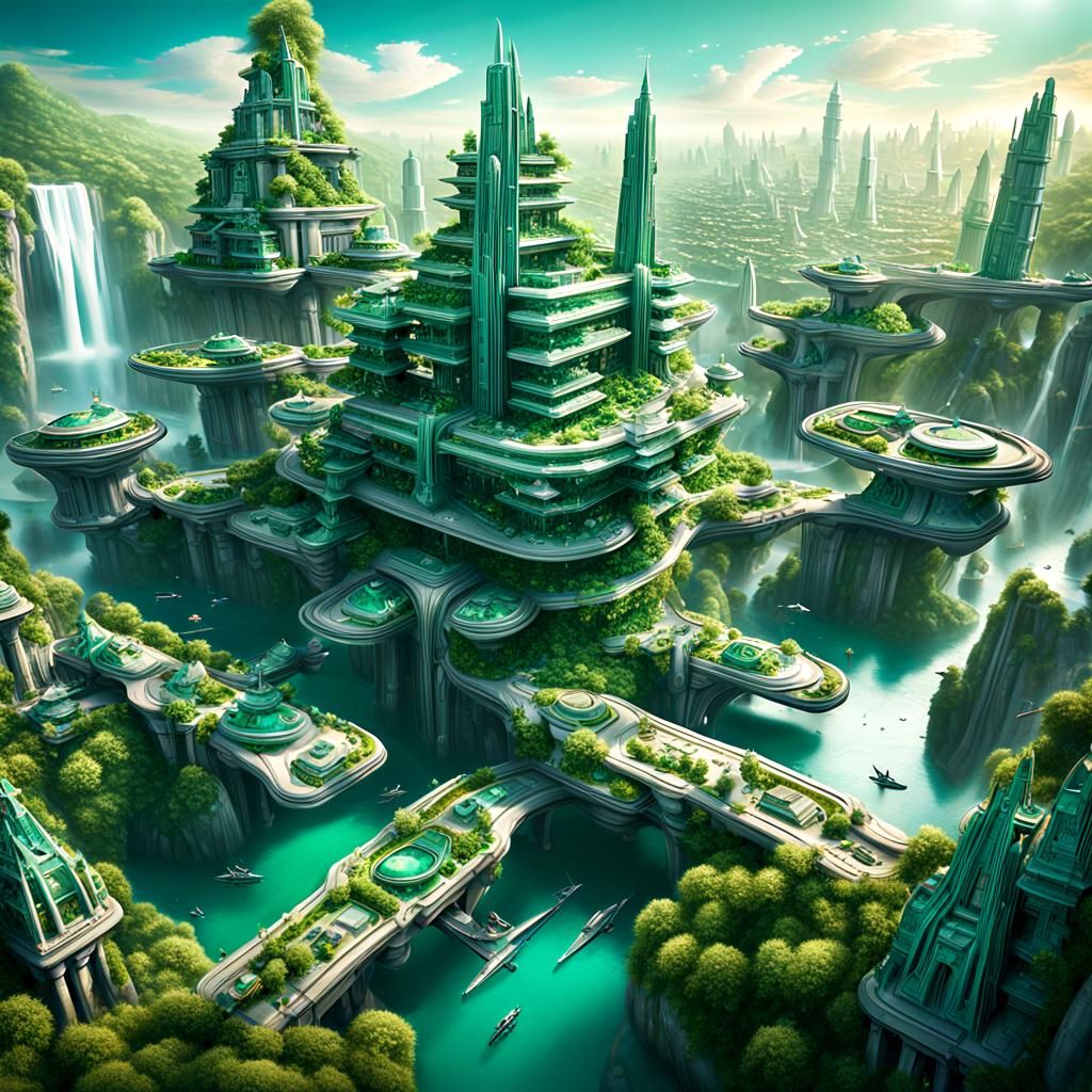 Majestic Futuristic Floating Cityscape in Film Style