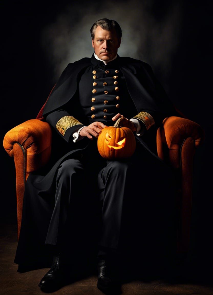Photorealistic Headless Horseman Portrait with Pumpkin