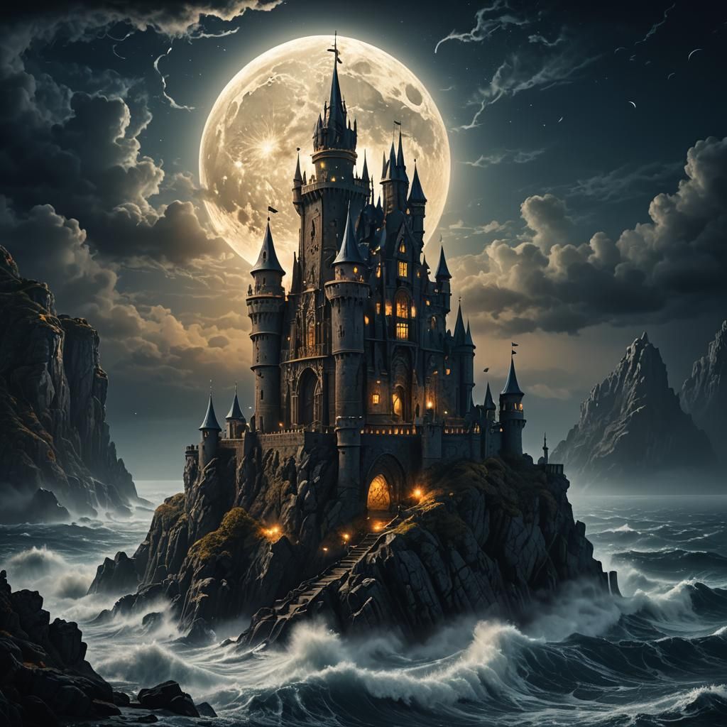 Moonlit Gothic Castle Seascape in Mystical Realism