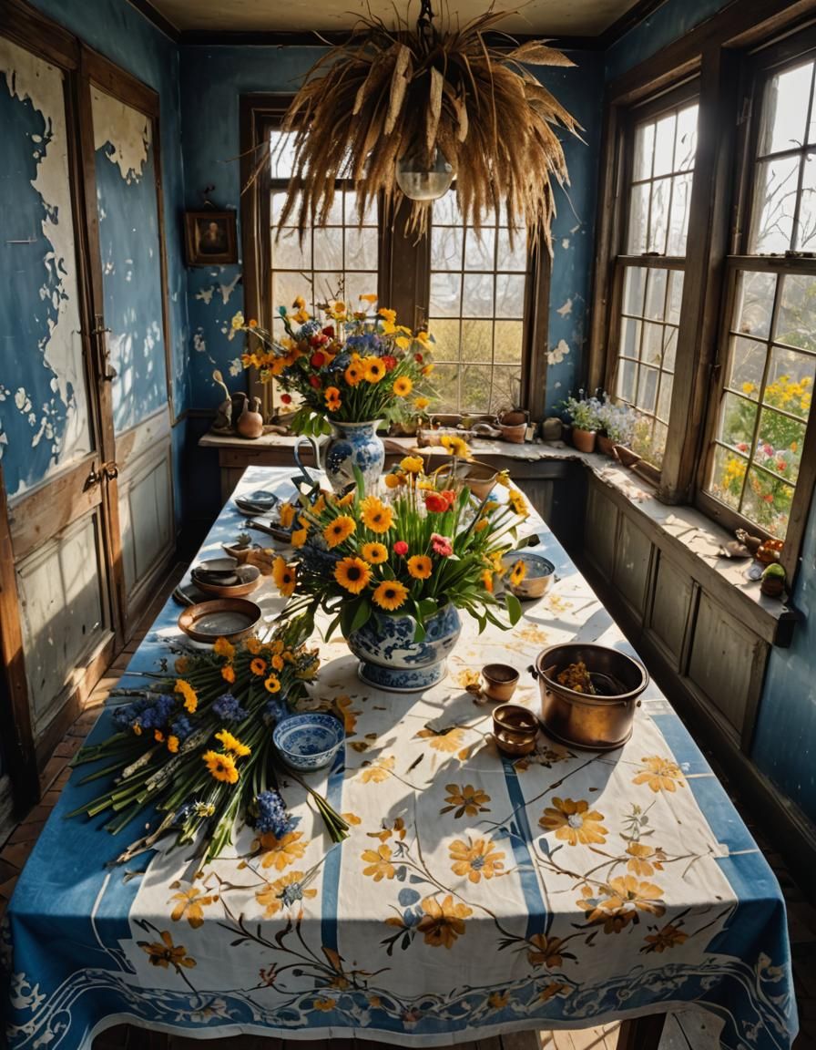 Floral Still Life with Delft Blue Accents