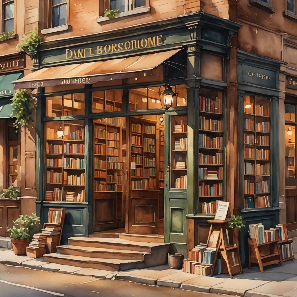 Watercolor Bookstore Scene with Vibrant Earth Tones