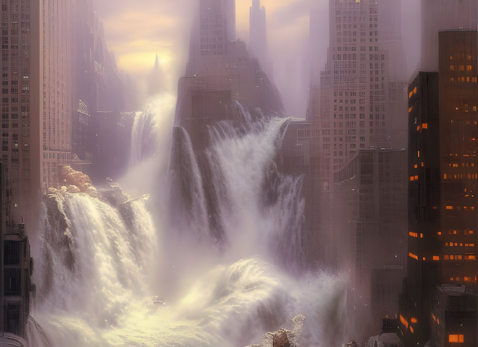 Waterfall Devastates New York City: Impressionist Painting
