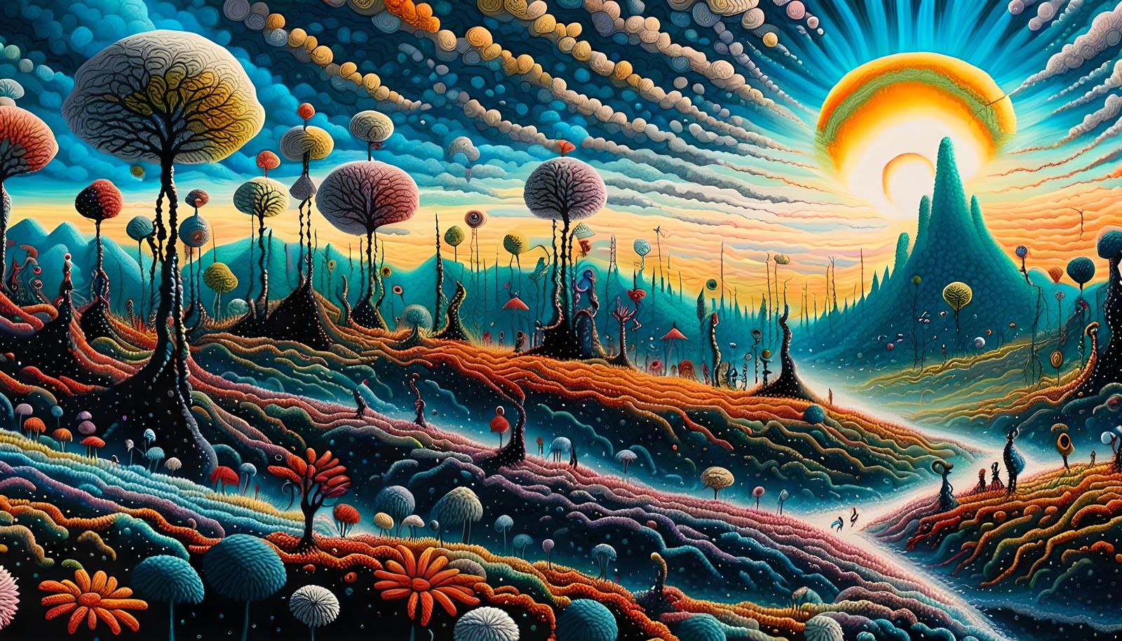 Surreal Forest in Huichol Yarn Painting Style