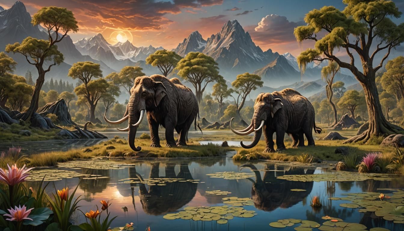 Mammoth and Dinosaur Park in Romantic Landscape