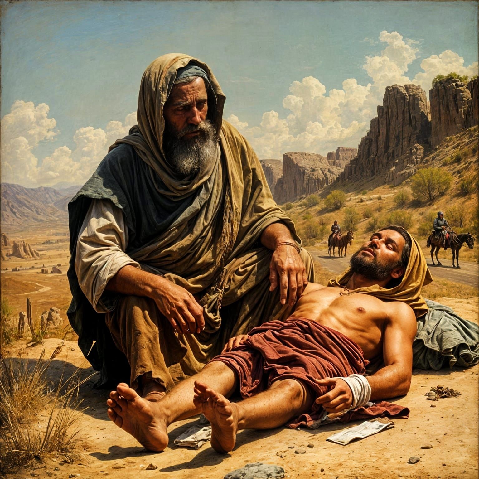 Biblical Samaritan Tends Injured Traveler Oil Painting