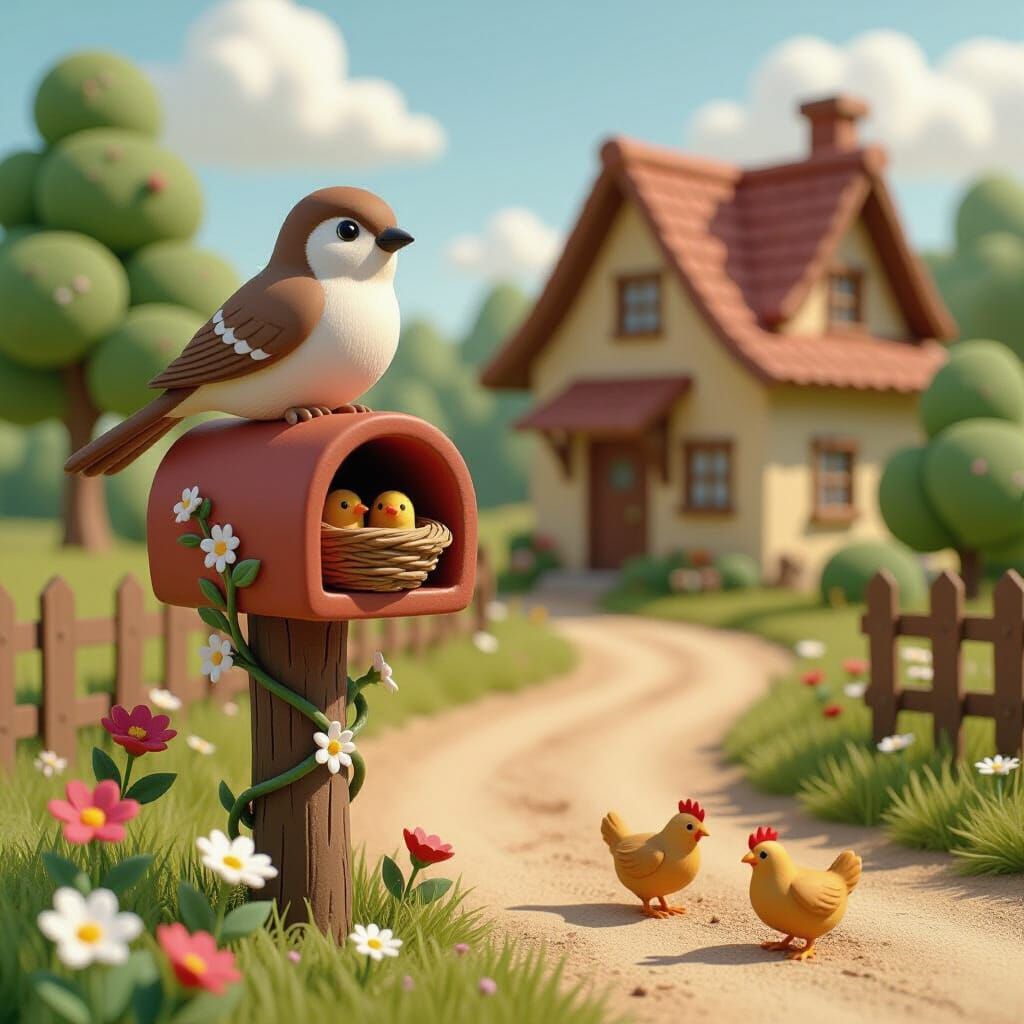 Charming Clay Sparrow Family Beside Country Road