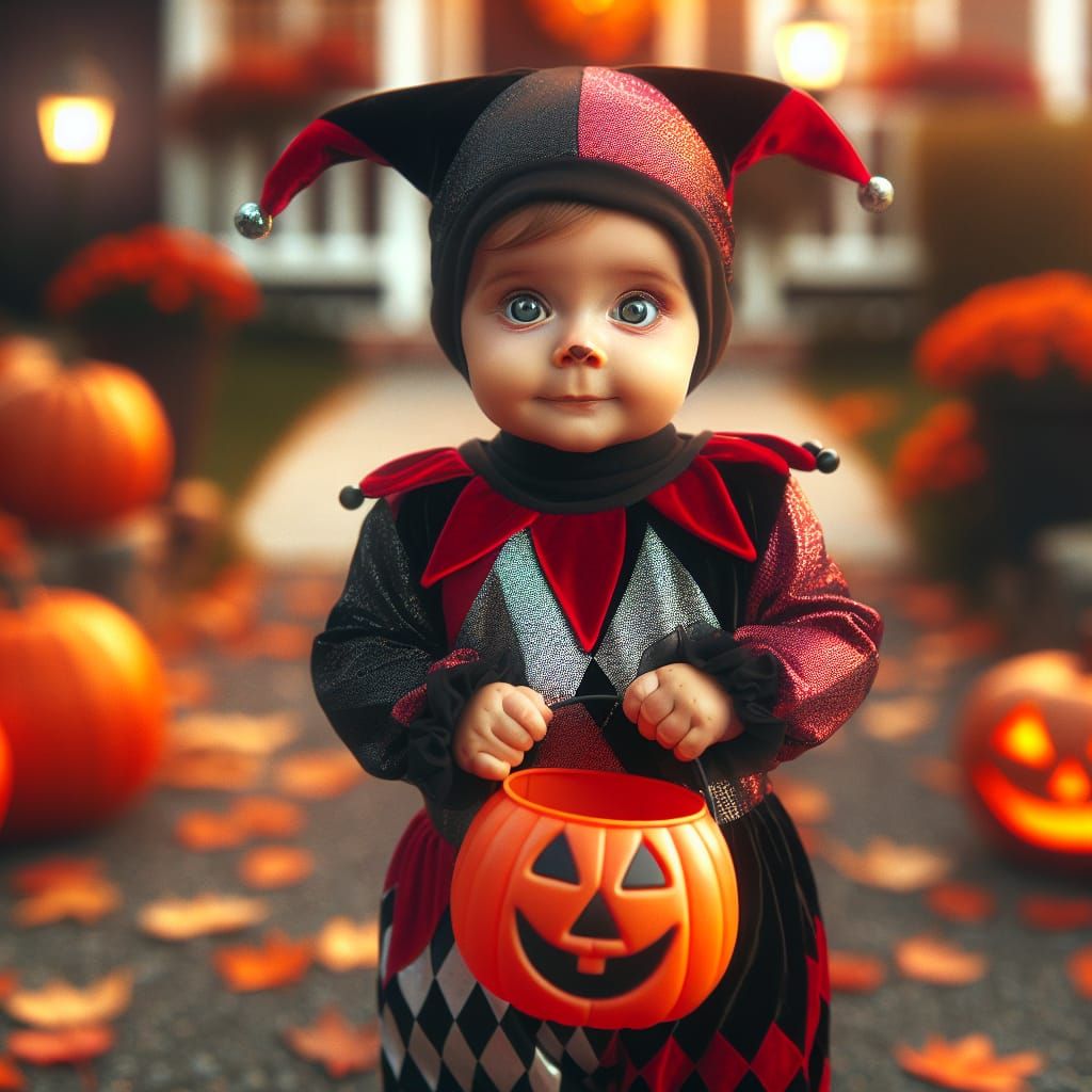 Baby Harlequin's First Halloween: A Cozy Autumn Scene