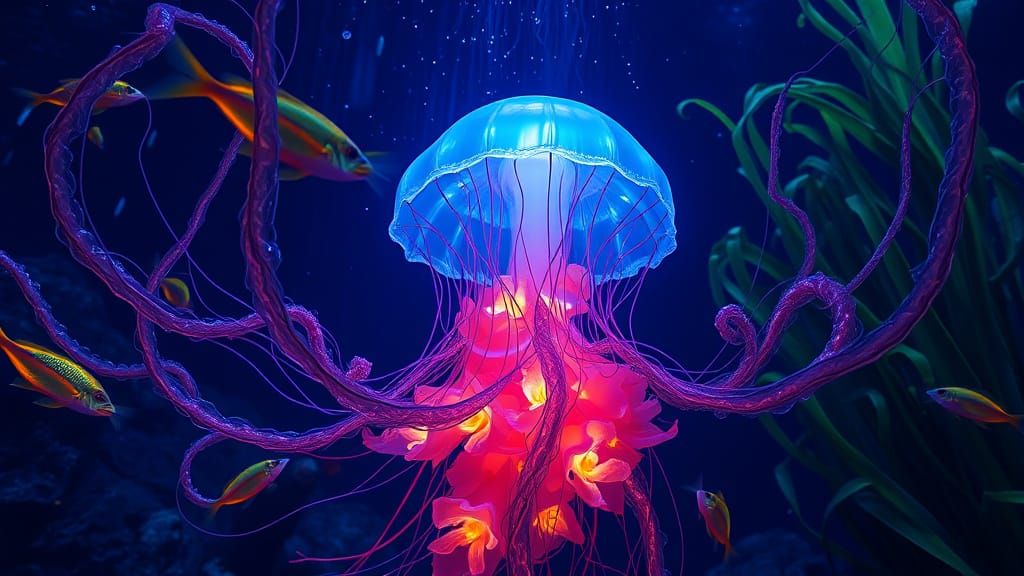Bioluminescent Jellyfish Hybrid in Neon-Lit Oceanic Landscap...