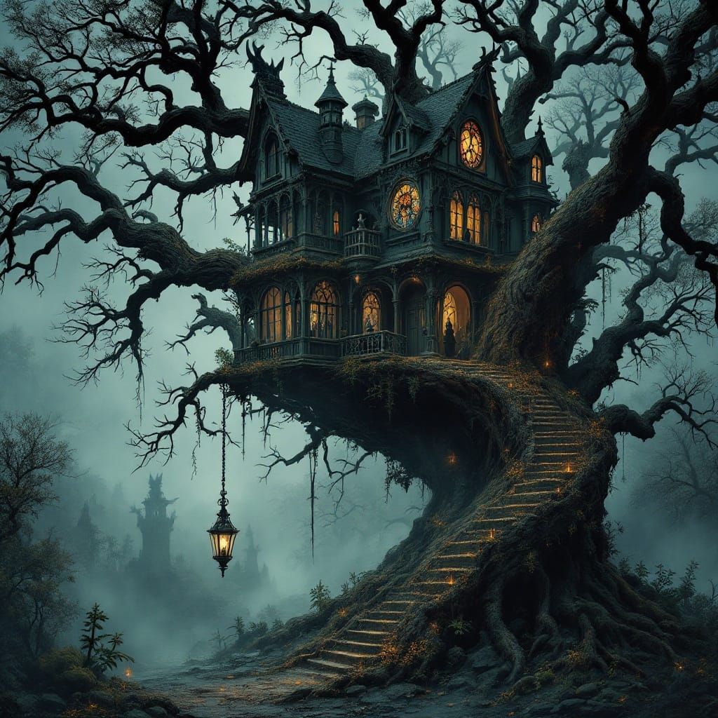Elegant Gothic Treehouse Amidst Ancient Oak