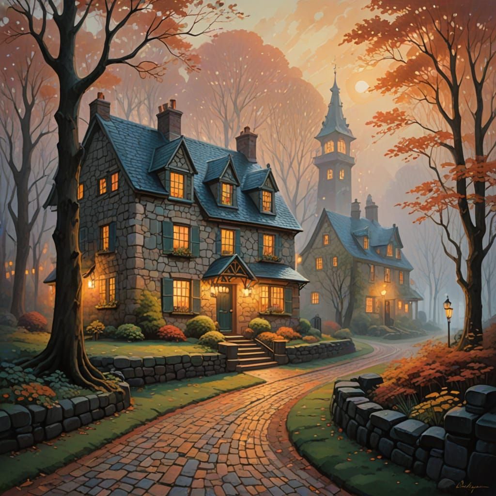 Whimsical Woodscape with Cozy Cottage and Glowing Lanterns