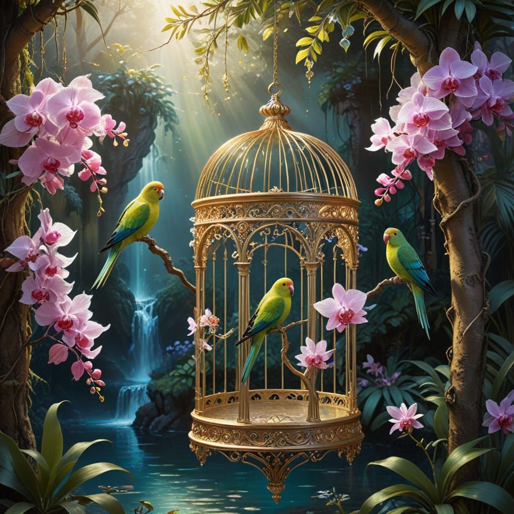 Ornate Gold Birdcage in Vibrant Waterfall Garden with Parake...