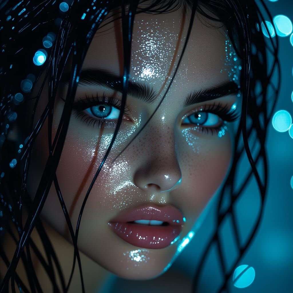 Hyper-Realistic Portrait of Woman in Neon-Noir Lighting
