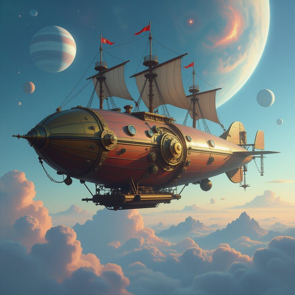 Airship Drifting Through Nebulae in Atmospheric Sci-Fi Style
