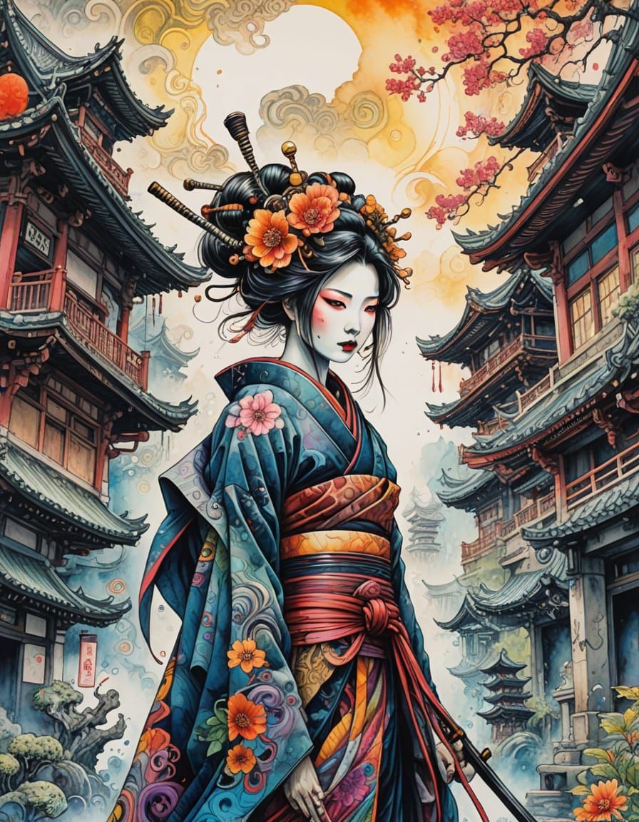Psychedelic Geisha Samurai Before Japanese Architecture