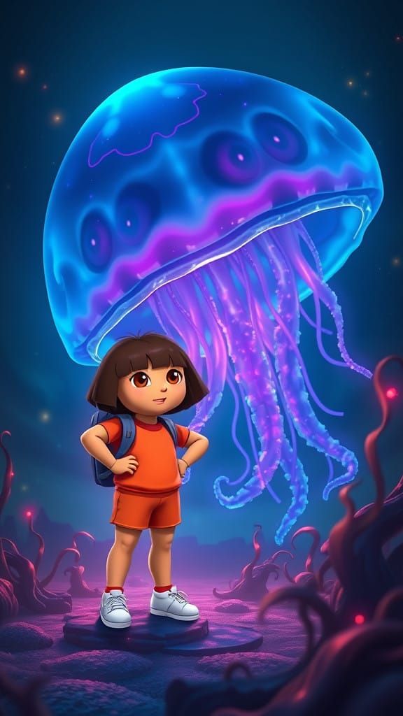 Dora Meets Fierce Jellyfish in a Whimsical Cartoon Fantasy