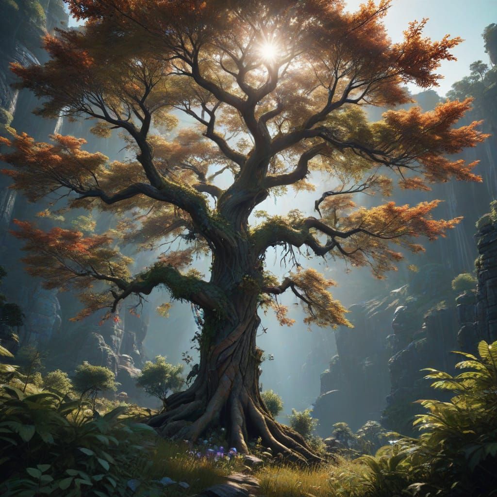 Summer Tree Bird in Vibrant Fantasy Art