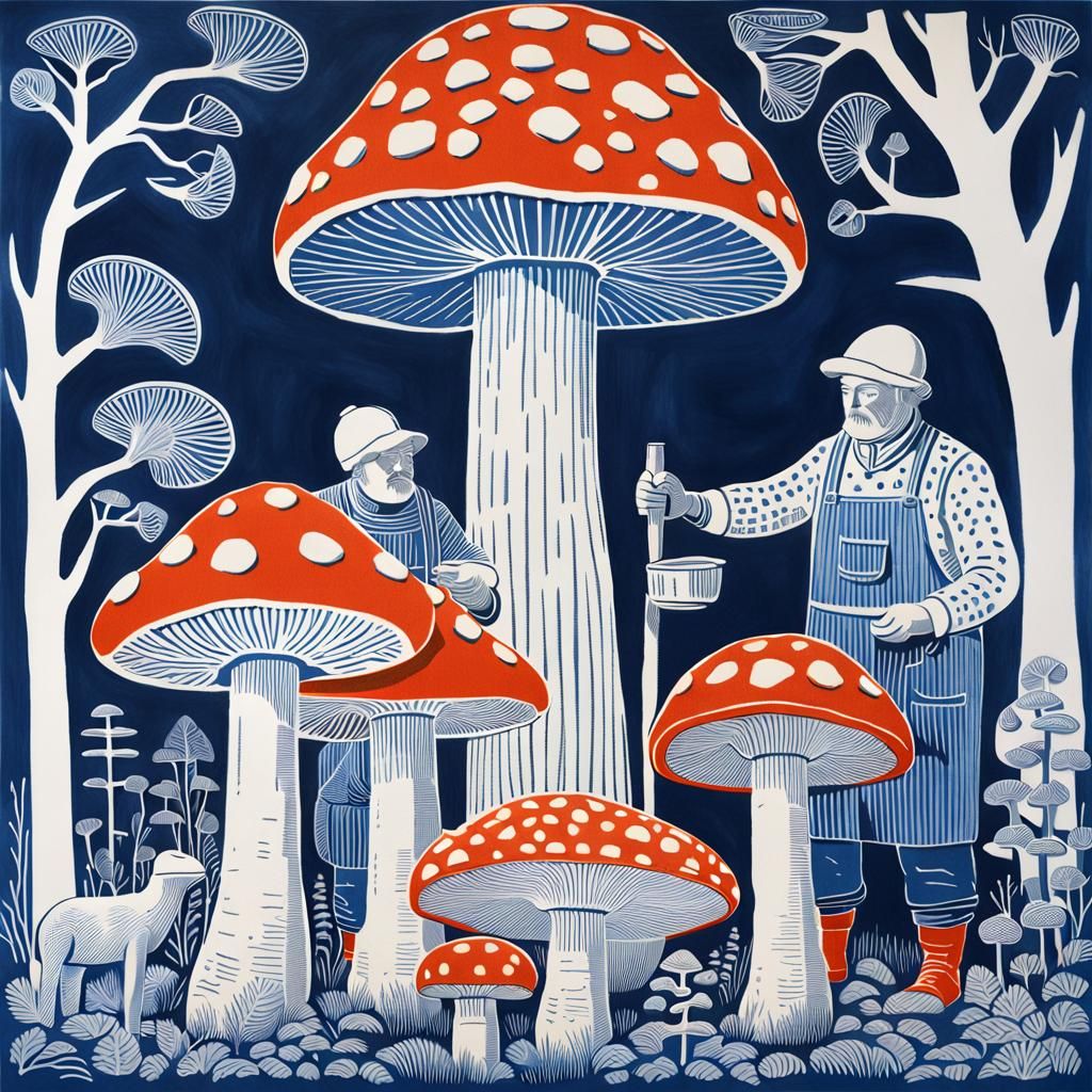 Norwegian Workers Tending Giant Mushrooms: Linocut Print