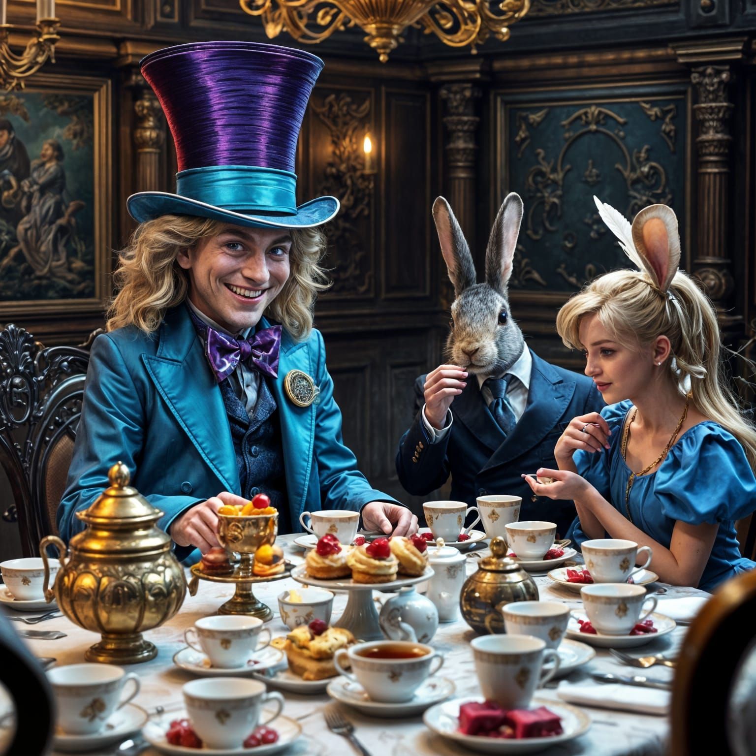 Whimsical English Tea Party Scene in Vibrant Colors