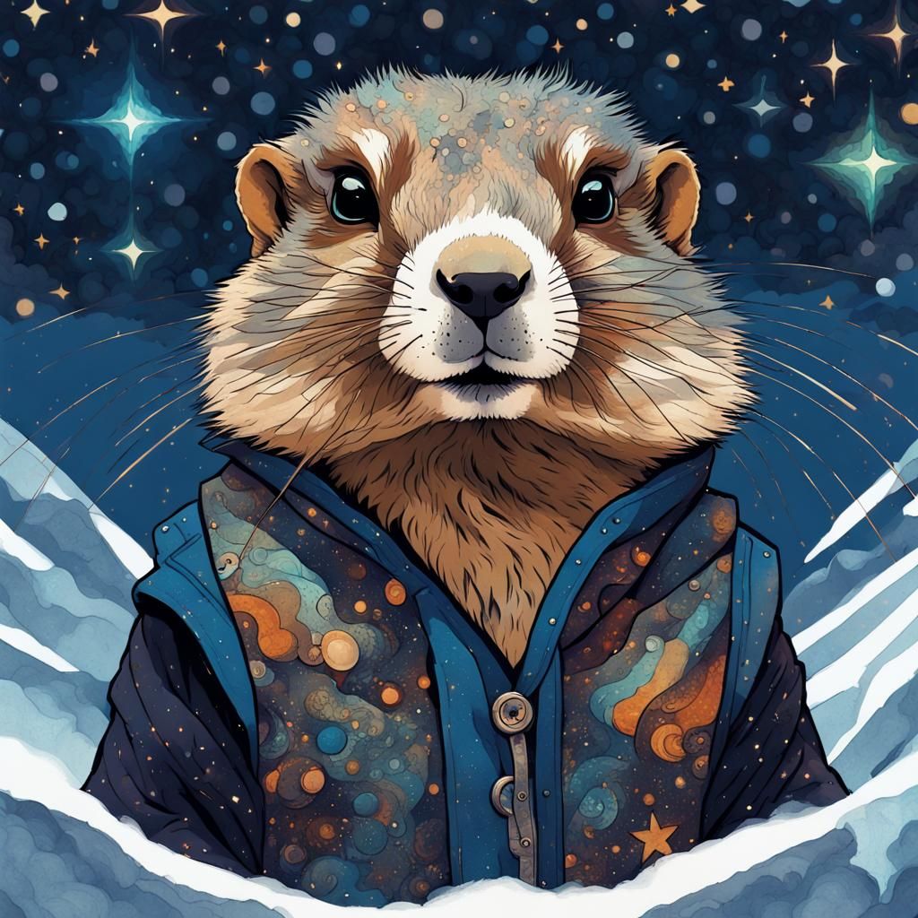 an adorable marmot dressed in winter puff vest , dark starry...