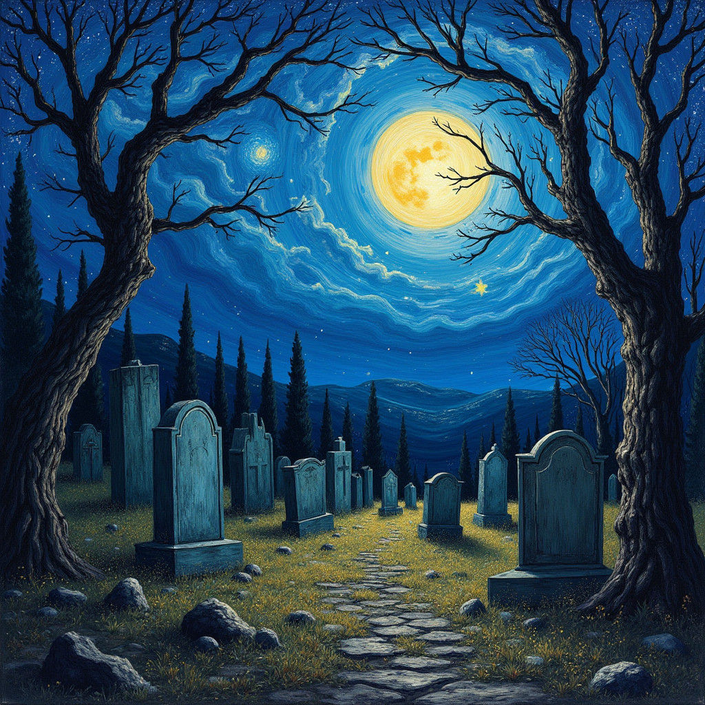 Graveyard Under Moonlight in Van Gogh Style