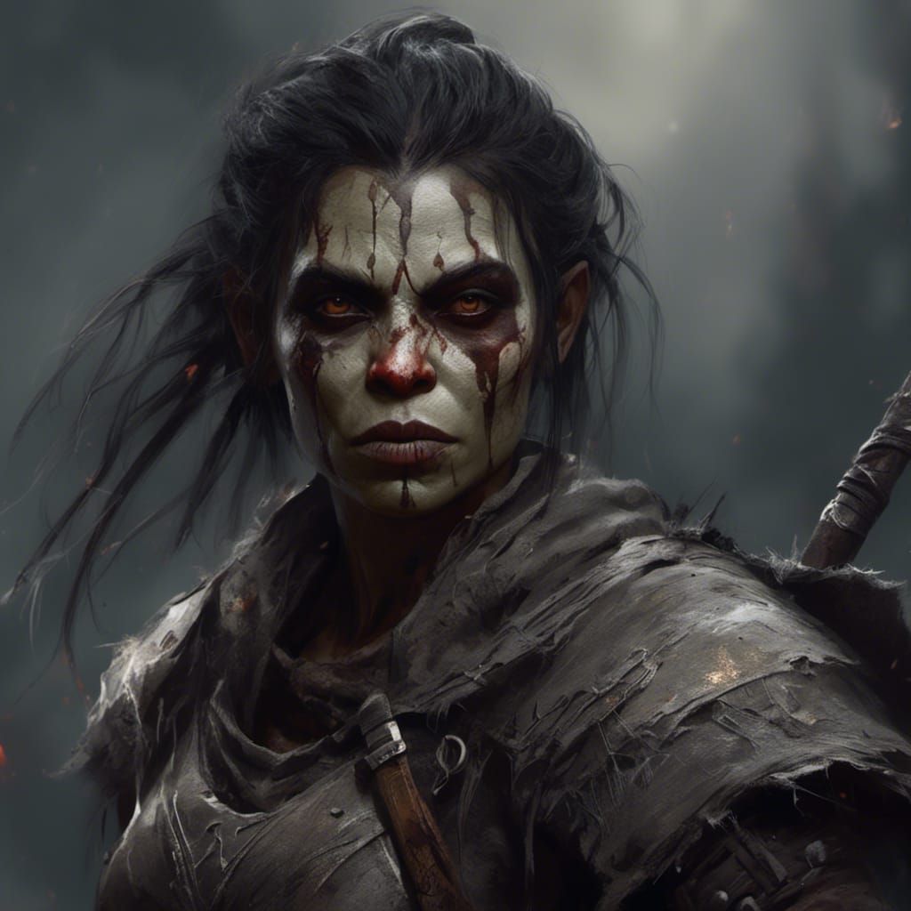 Dark Fantasy Half-Orc Warrior with Blades