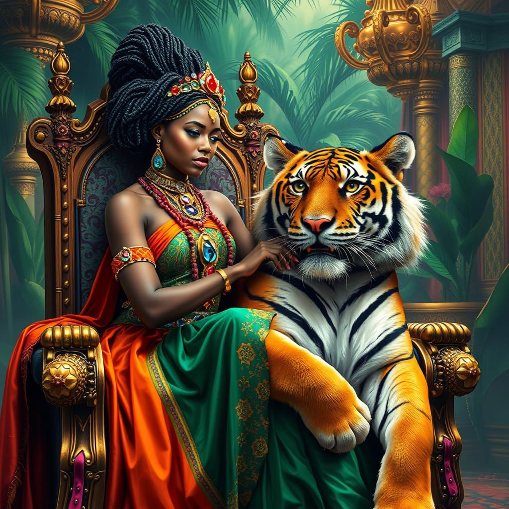 African Princess with Tiger in Hyperrealistic Style
