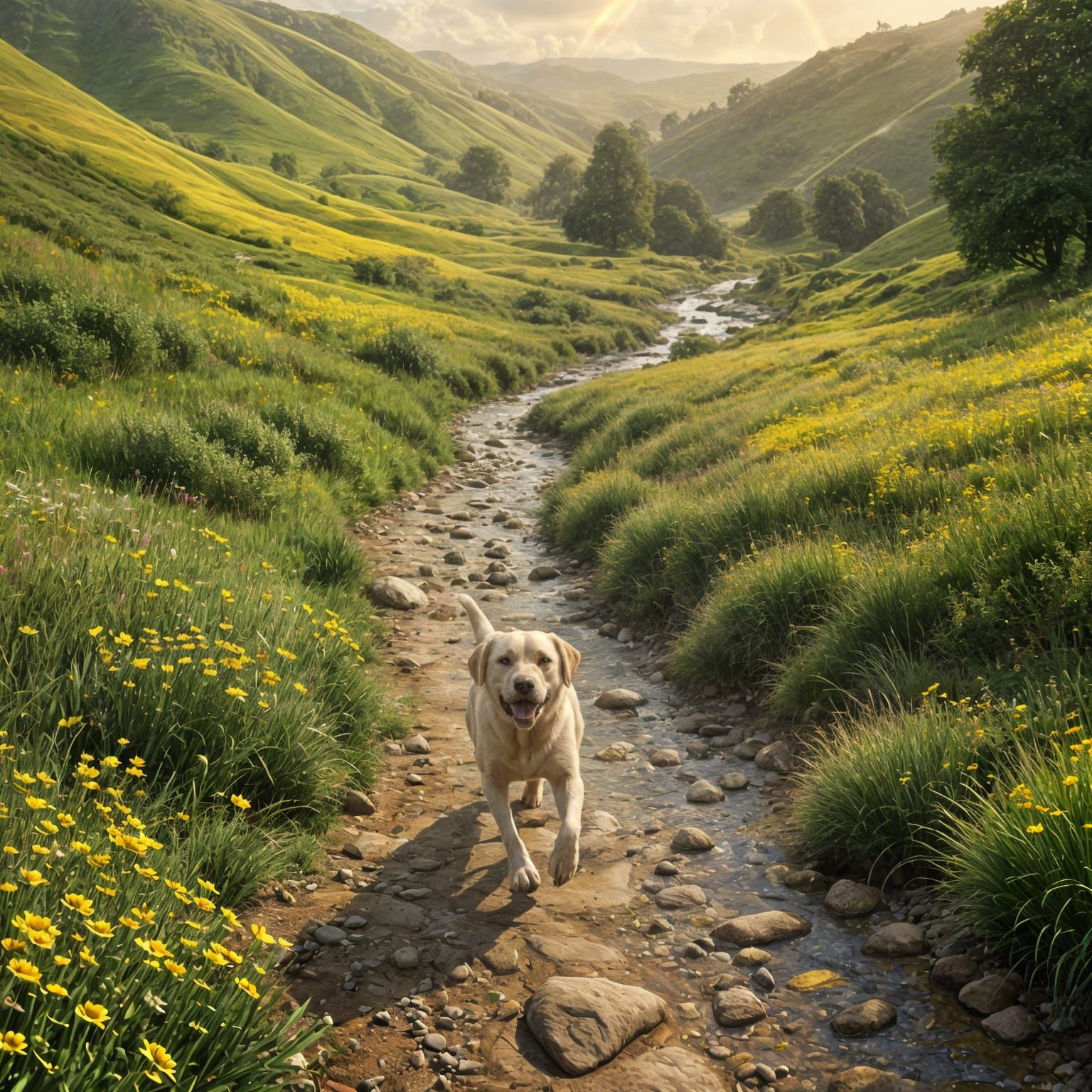 Yellow Lab Running on Rainbow Bridge: Fantasy Art