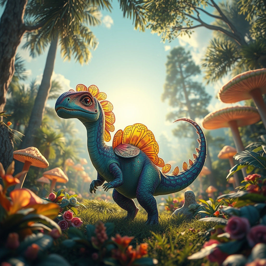 Whimsical Dinosaur in Prehistoric Landscape