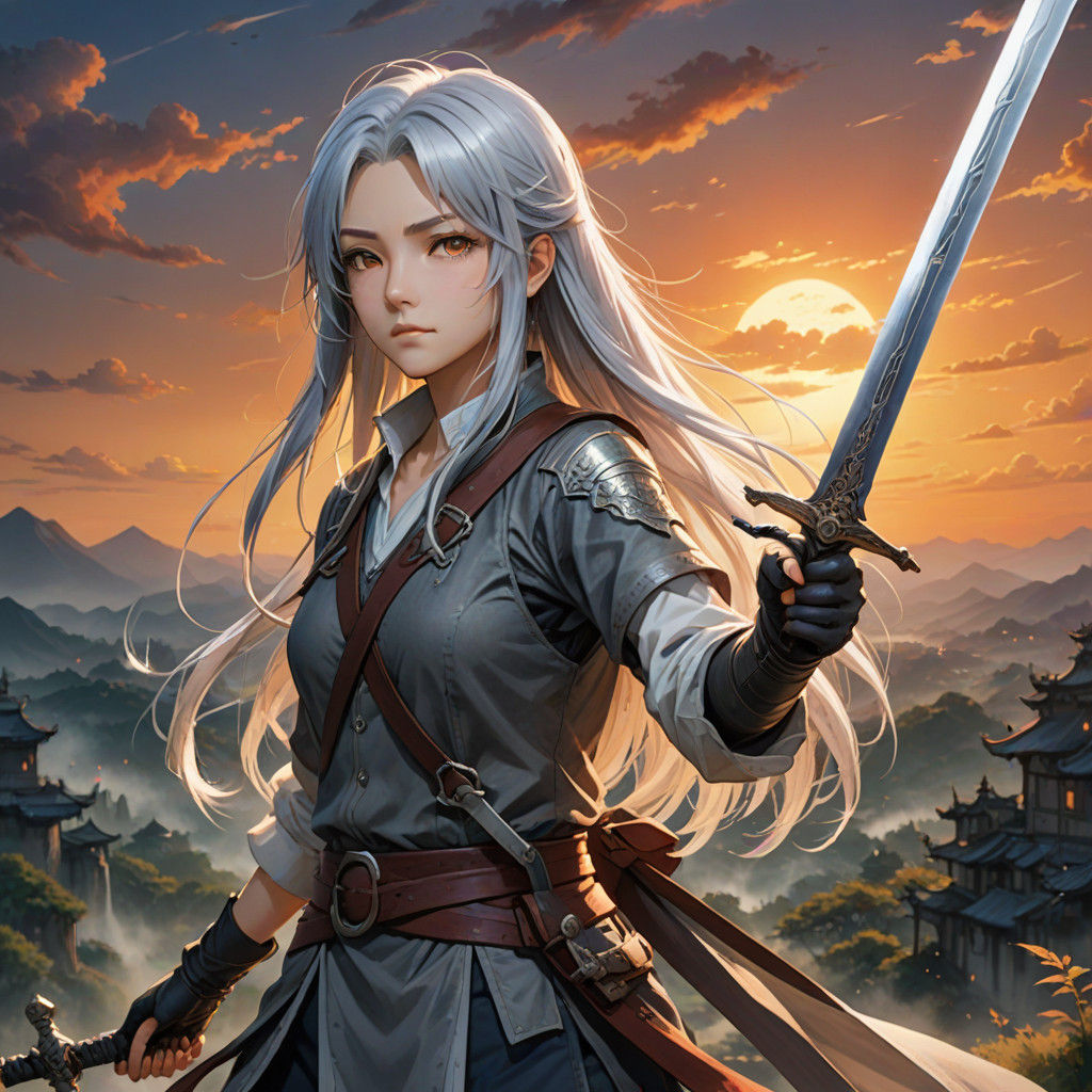 Fantasy Girl in Tomboy Attire, Sword in Hand, Anime Key Visu...