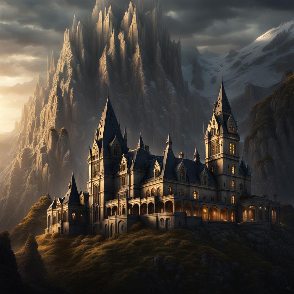 Gothic Mansion at Dark Mountain Base: Fantasy Art