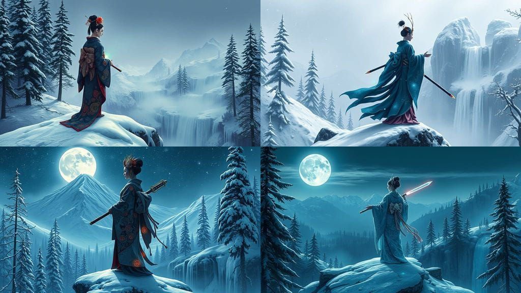 Biomechanical Geisha on Snowy Mountain in Technorganic Style