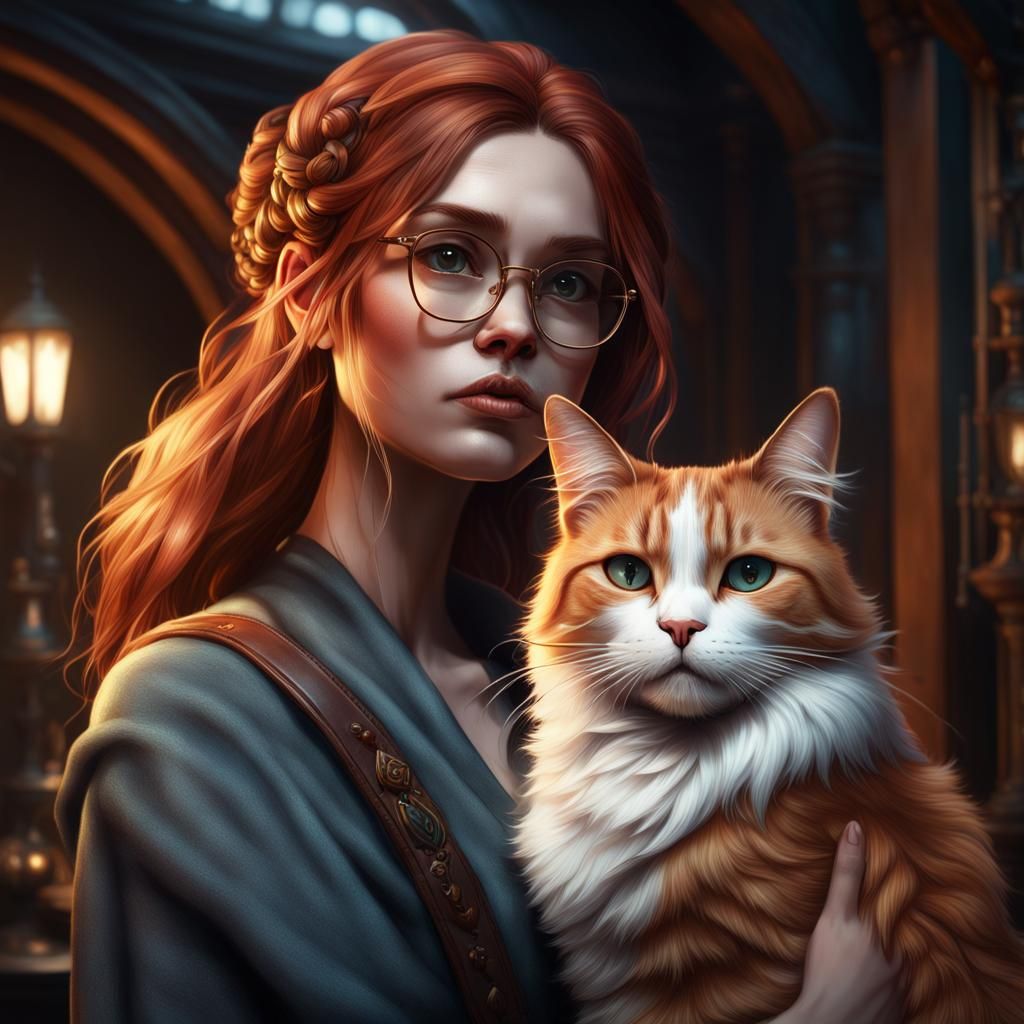 Auburn Girl with Cat in Dark Fantasy Style