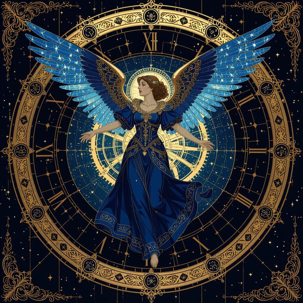 Celestial Clockwork Angel Soaring Through Mirrored Nebula