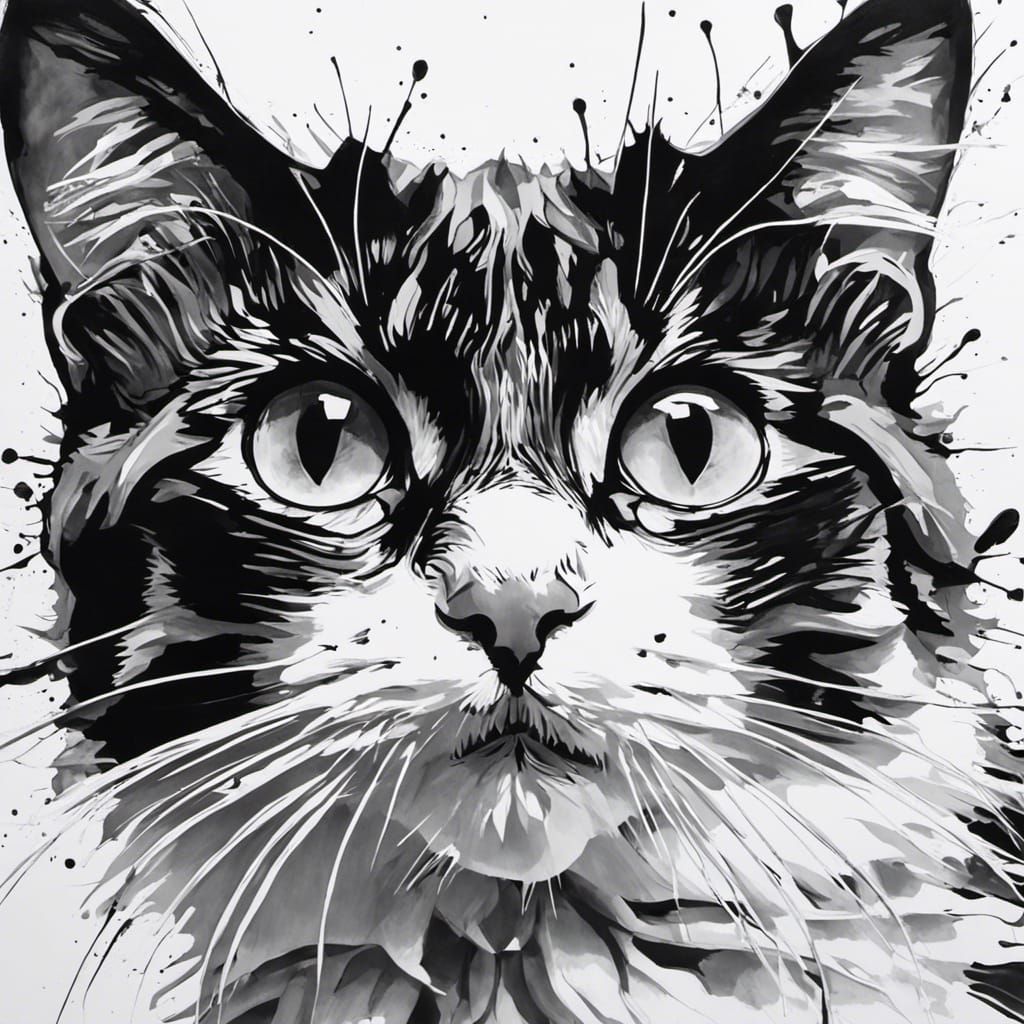 Surprised Cat in Black and White Ink Drawing
