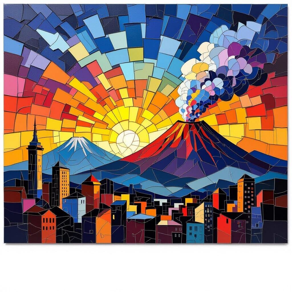 Cubist Urban Explosion Cityscape with volcanoes. mosaic sky ...