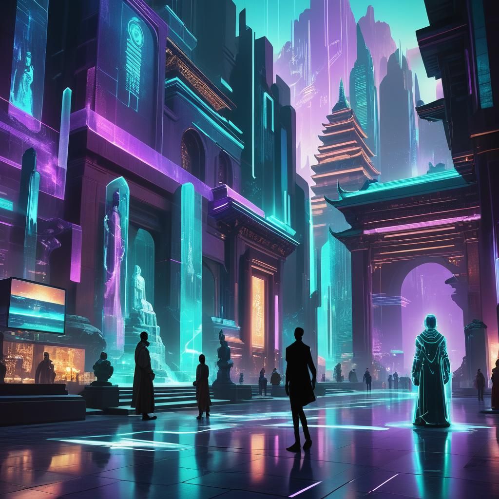 Sleek Futuristic Scene with Ancient, Forgotten City Hologram