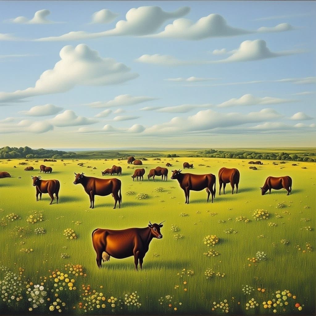 Pastoral Cows in Lush Meadow, Impressionist Style