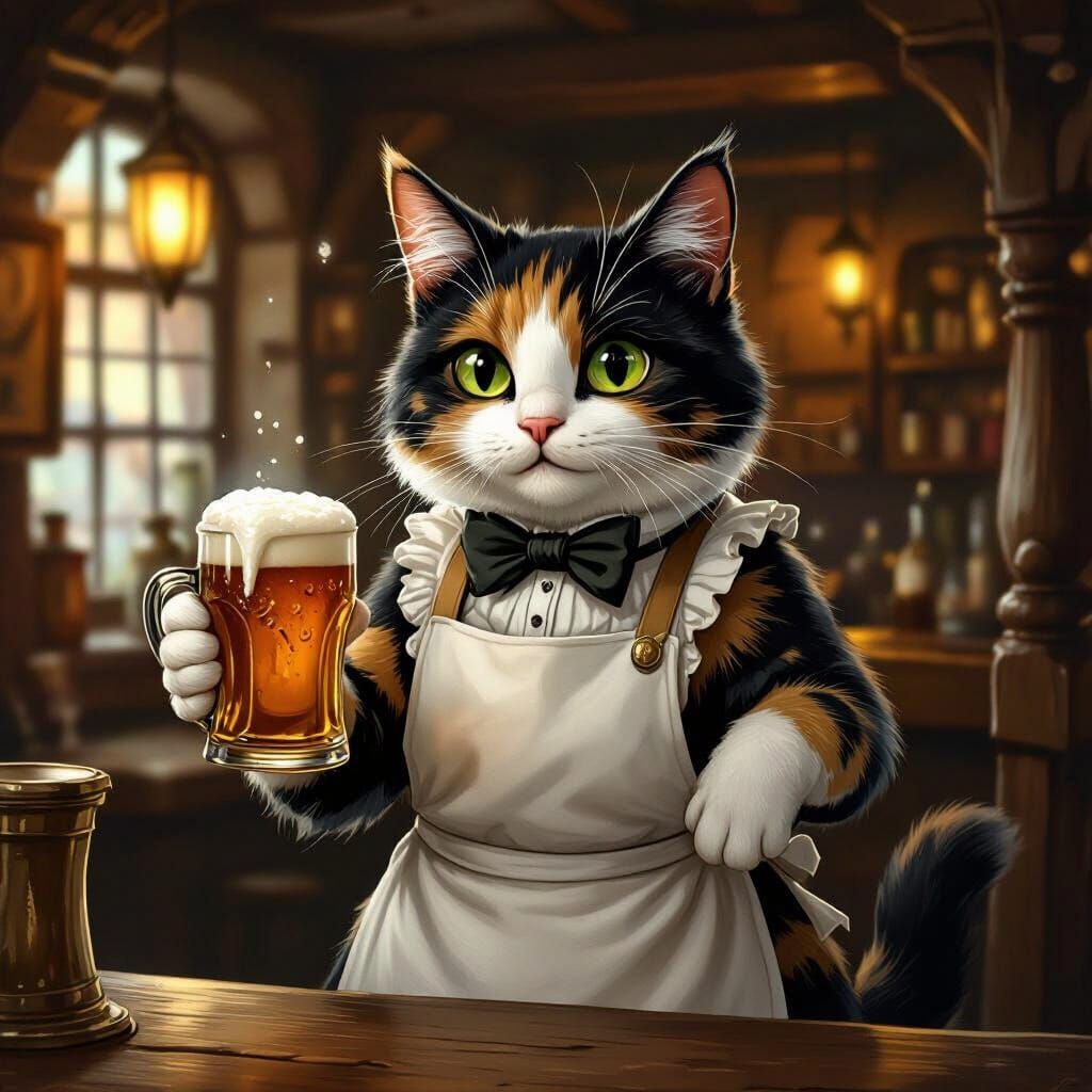 Anthropomorphic Cat Barmaid Serving Ale in Rustic Pub